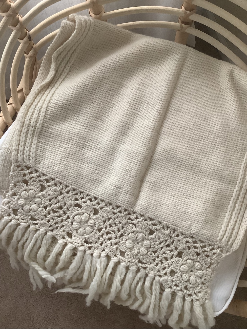 Cream Crochet Trim Knit Throw Blanket Scarf